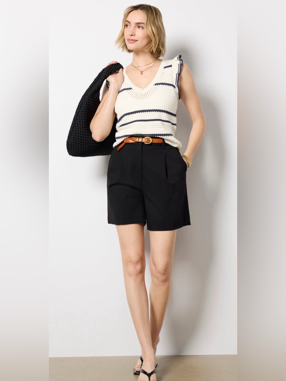Evereve Elodie Tank Sweater Vest Size Medium Black/Ivory Stripe Crochet